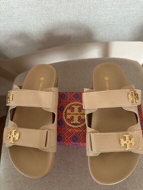 Tory Burch Nude Tan Double-Strap Logo Slide Sandals